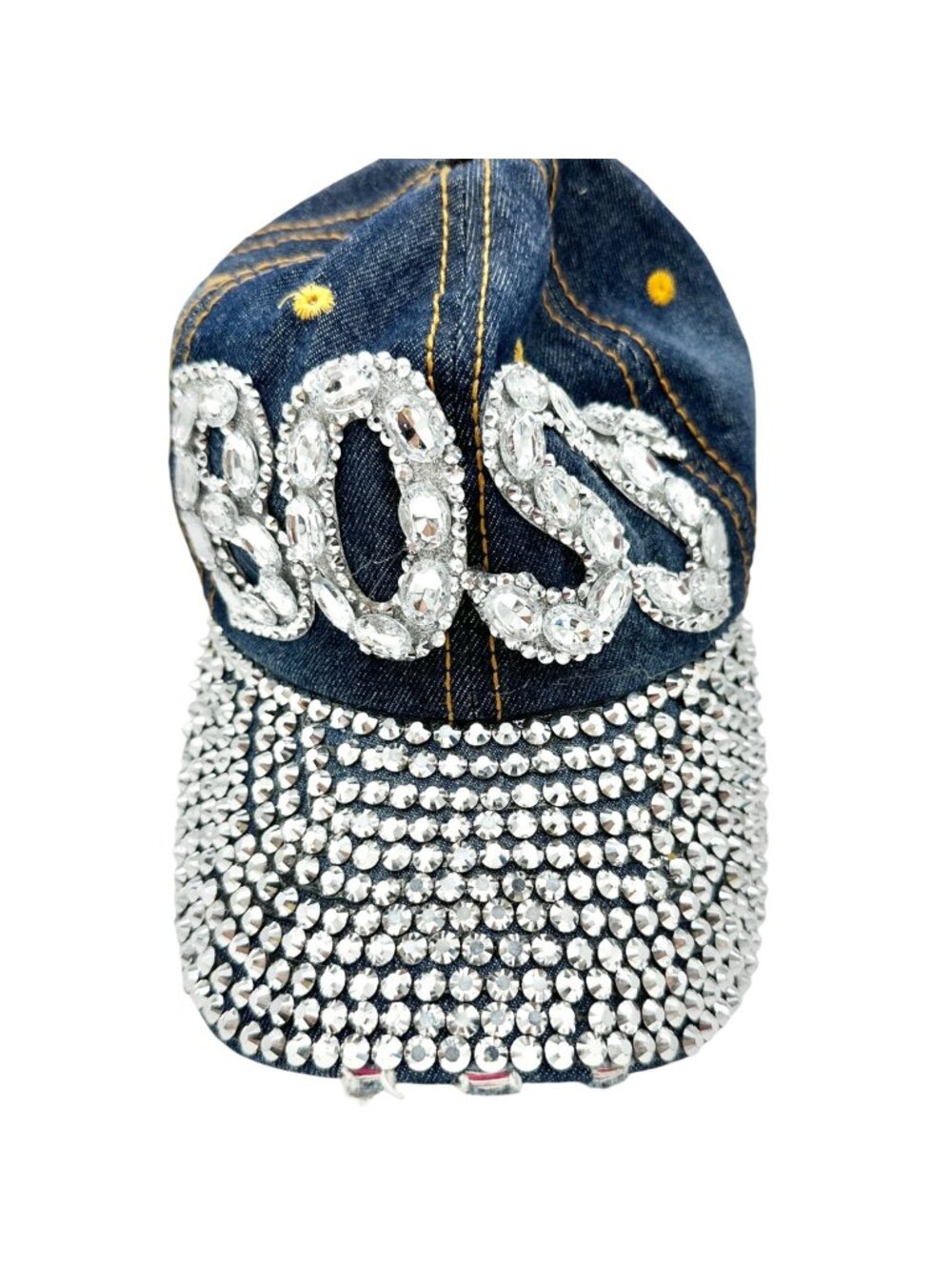 BOSS Denim Baseball Cap Rhinestone Embellished Adjustable Strap Bedazzled Hat